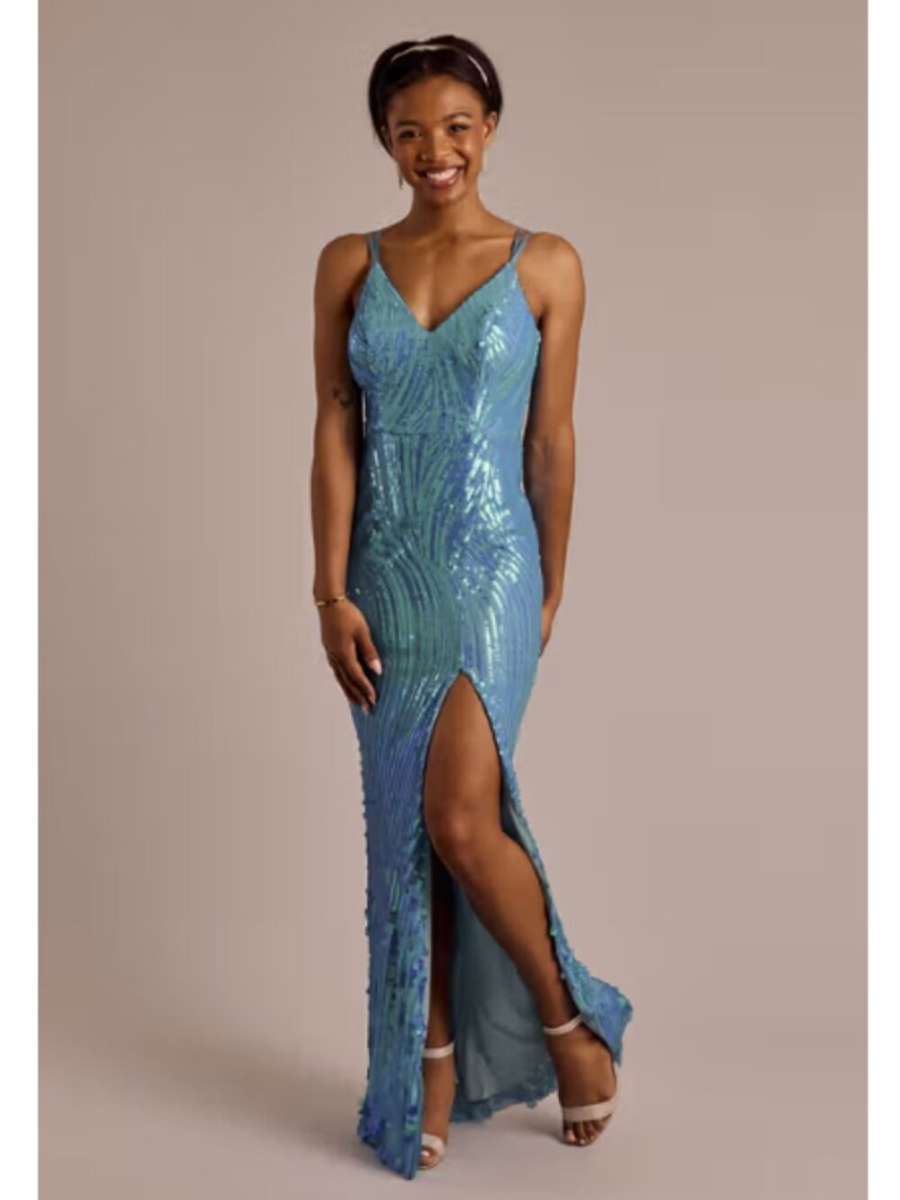 Size 2 NWT Jules & Cleo David’s Bridal Blue Sequin Cutout Prom Gown